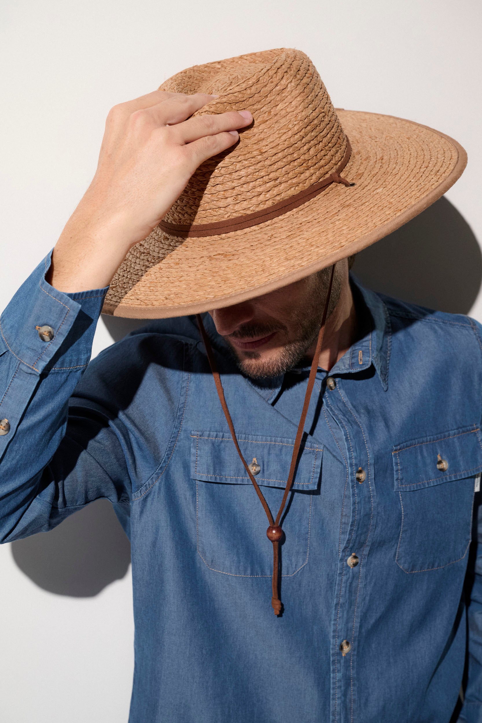 Homme portant un chapeau anti-UV en paille, idéal pour se protéger du soleil avec UPF 50+.