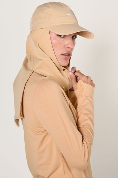 Casquette anti-UV beige pour femme, avec protection solaire amovible, idéale pour activités en plein air, UPF50+.