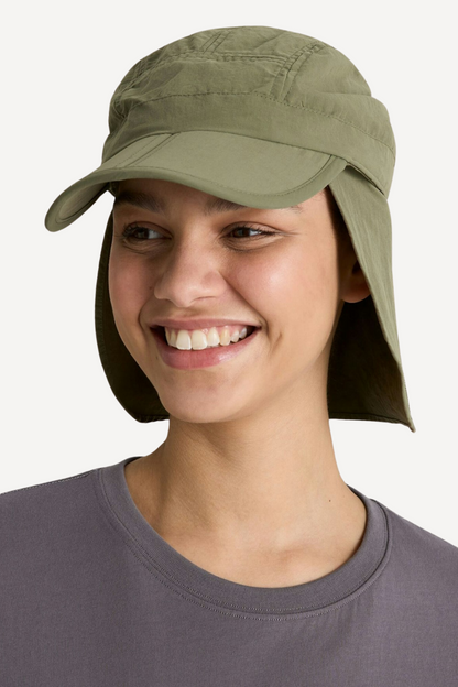 Casquette anti-UV pour femme, UPF 50+, couleur kaki, idéale pour protection solaire lors d'activités en plein air.