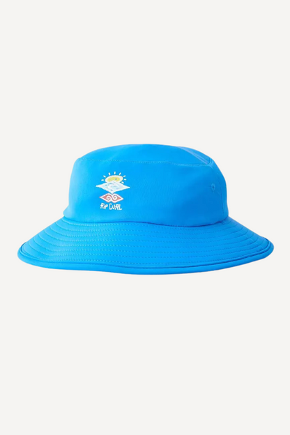 Chapeau de bain anti-UV bleu UPF 50+ pour enfants, offrant confort et protection solaire pour l'été.