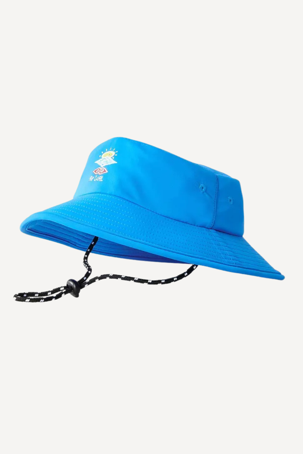 Chapeau de bain anti-UV bleu pour enfant, certifié UPF 50+, avec jugulaire pour un maintien idéal au soleil.