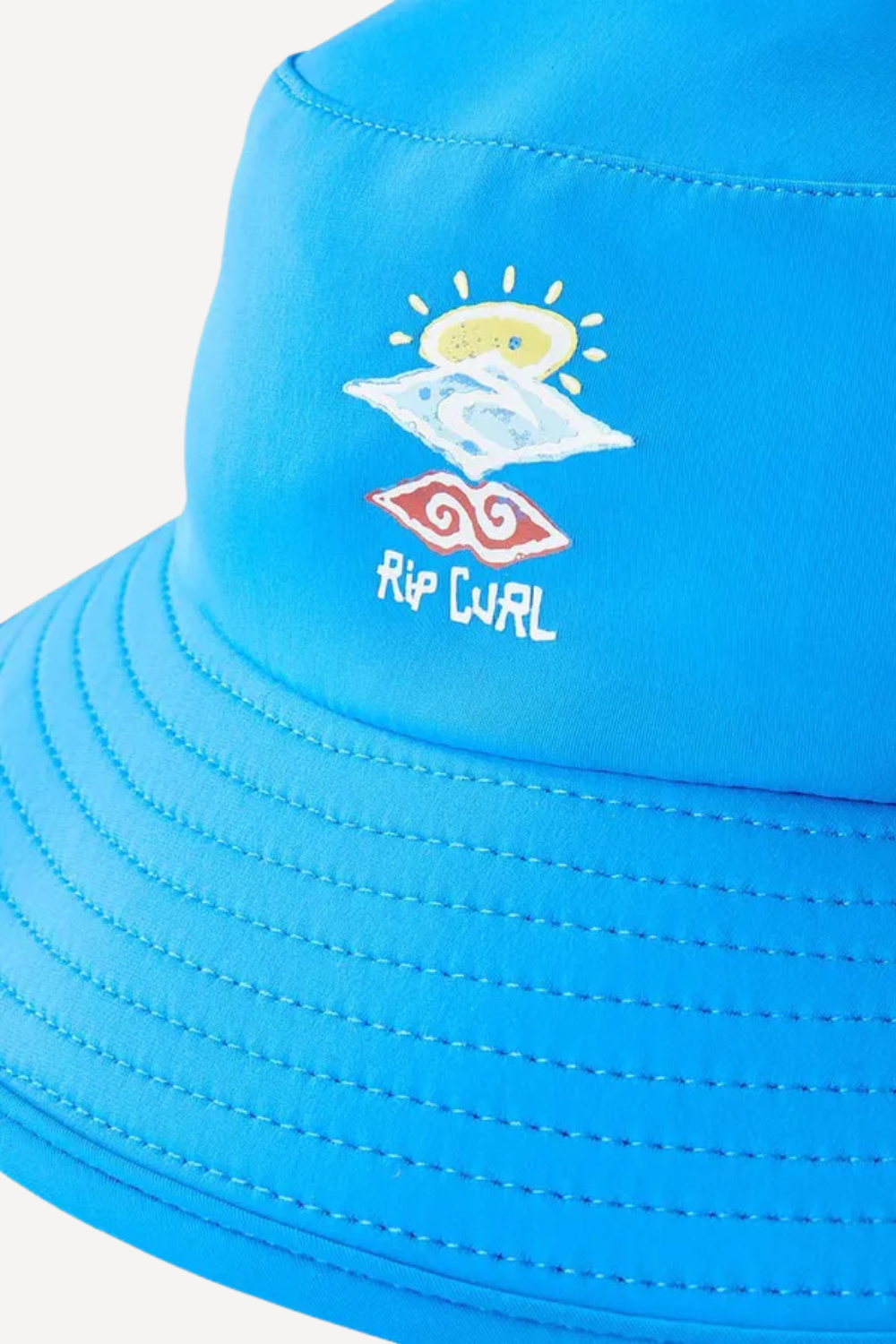 Chapeau de bain anti-UV bleu pour enfant, certifié UPF 50+, avec motif Rip Curl pour une protection solaire estivale.