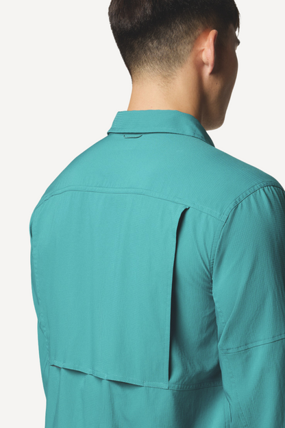 Chemise anti-UV Columbia, homme en tissu léger turquoise, manches longues, protection solaire UPF50+.