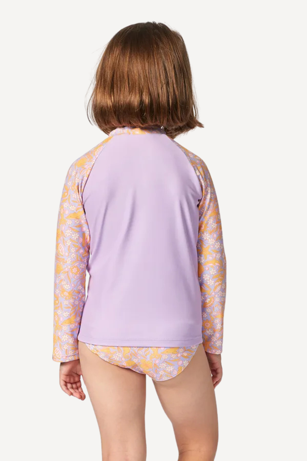 Maillot de bain anti-UV pour fille, manches longues, tissu léger UPF 50+, violet et orange, idéal pour la plage.