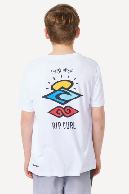 T-shirt anti-UV blanc pour garçon, design coloré, UPF 50+, idéal pour les activités ensoleillées, marque Rip Curl.