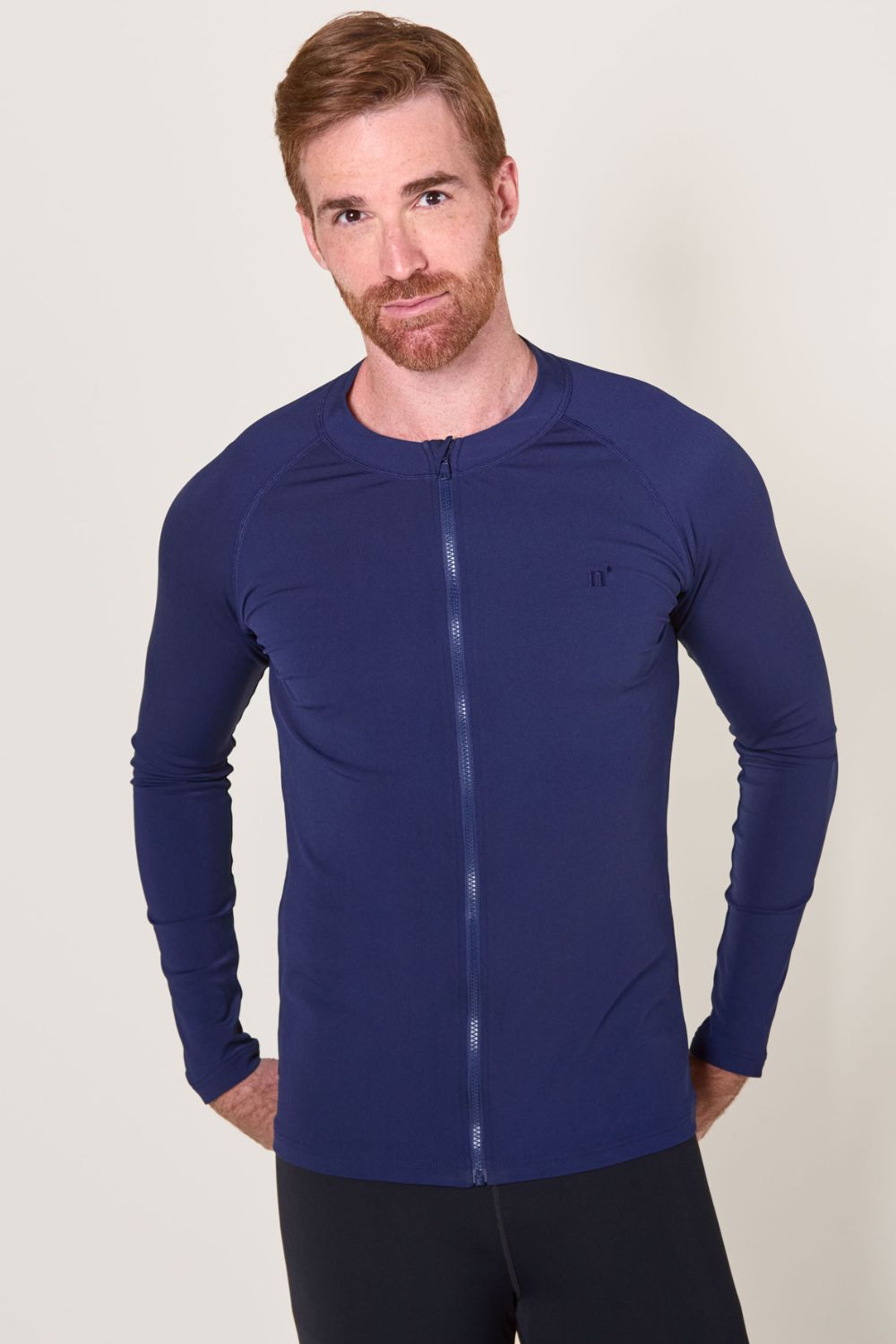 Veste de bain anti-UV pour homme, en bleu, avec zip intégral et manches longues, certifiée UPF50+.