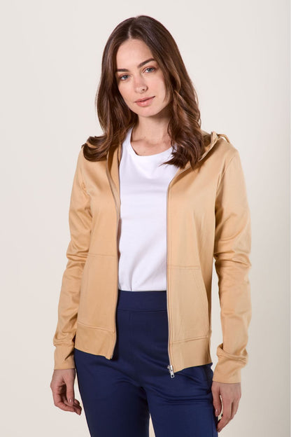 Sweat-shirt anti-UV beige à capuche pour femme, léger et confortable, certifié UPF50+.