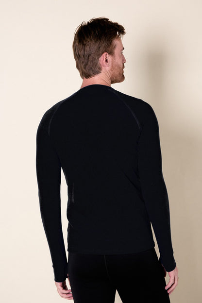 T-shirt de bain anti-UV noir pour homme, manches longues, coupe confortable certifiée UPF 50+.